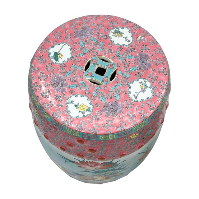 Late 20th Century Pair of Famille Rose Porcelain Garden Stools With Floral and Figural Motifs For Sale - Image 4 of 11