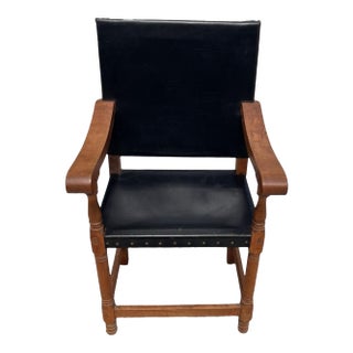 Antique Arts & Crafts Oak Library Armchair With Black Leather For Sale