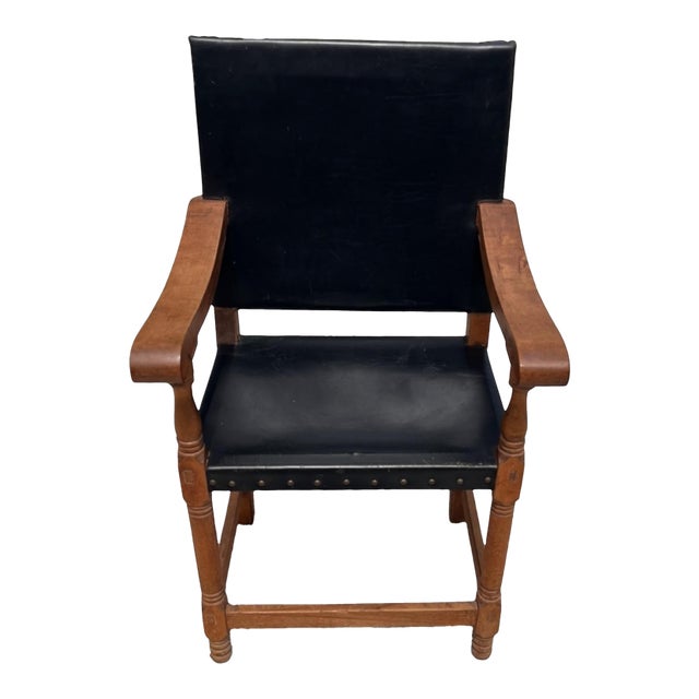 Antique Arts & Crafts Oak Library Armchair With Black Leather For Sale