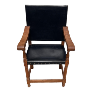Antique Arts & Crafts Oak Library Armchair With Black Leather