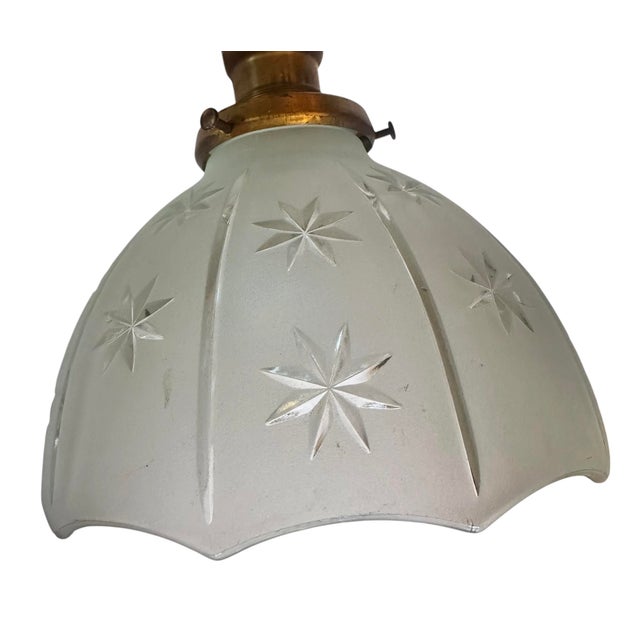 American Single Wheel Cut Star and Scalloped Edge Frosted Glass Wall Sconce on Old Brass Holder, Circa 1910 For Sale - Image 3 of 4