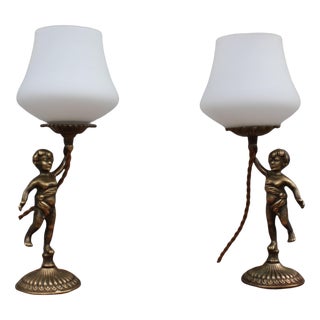 Vintage Cherub Bedside Lamps in Brass For Sale