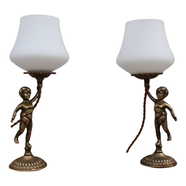 Vintage Cherub Bedside Lamps in Brass For Sale