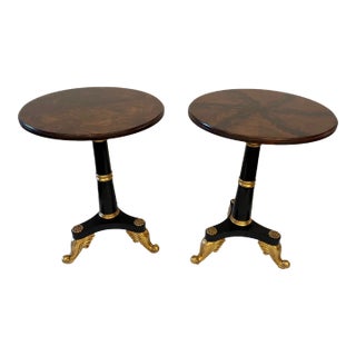 Flame Mahogany Ebonized Wood and Gilded Round End Tables -A Pair For Sale
