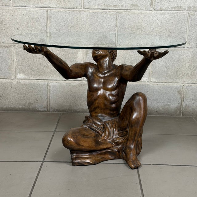 Round Atlas Man Coffee Table in Carved Wood and Glass For Sale - Image 5 of 18