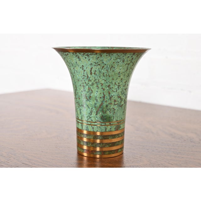 Art Deco Carl Sorensen Art Deco Verdigris Bronze Trumpet Vase For Sale - Image 3 of 12