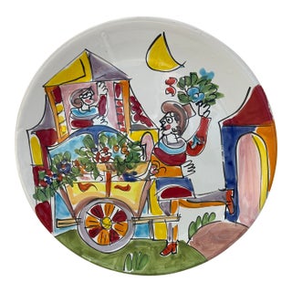 Vintage Italian Terracotta Art Pottery La Musa Desimone Saks Fifth Avenue Hand Painted Flower Cart Romance Serving Platter For Sale