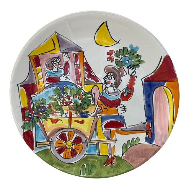 Vintage Italian Terracotta Art Pottery La Musa Desimone Saks Fifth Avenue Hand Painted Flower Cart Romance Serving Platter For Sale
