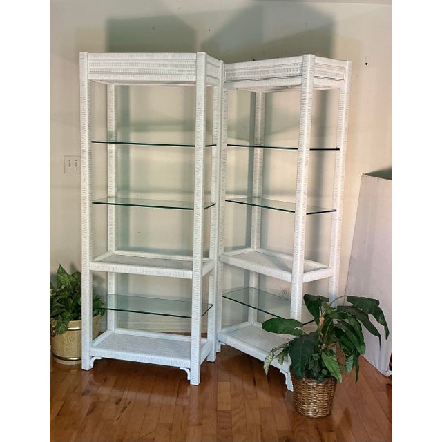 70s Vintage Henry Link White Wicker Lighted Etageres Display Glass Shelves - A Pair For Sale - Image 9 of 12