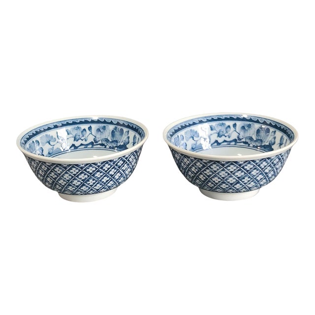 Vintage Blue & White Porcelain Floral Japanese Asian Serving Bowls, Marked- a Pair For Sale