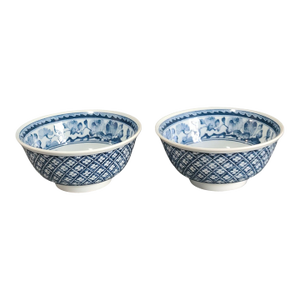 Vintage Blue & White Porcelain Floral Japanese Asian Serving Bowls, Marked- a Pair