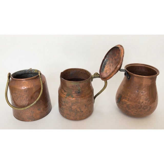Rustic Set of 3 Vintage Hammered Copper Vessels With Aged Patina For Sale - Image 3 of 6