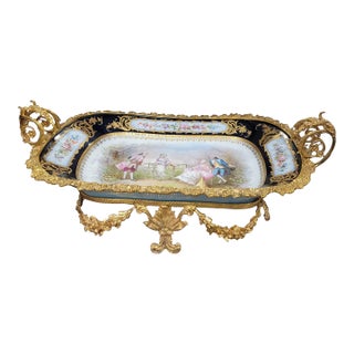 19th Century A. Chapuis Signed Sevres Painted Cobalt & Gilt Porcelain Ormolu Centerpiece For Sale