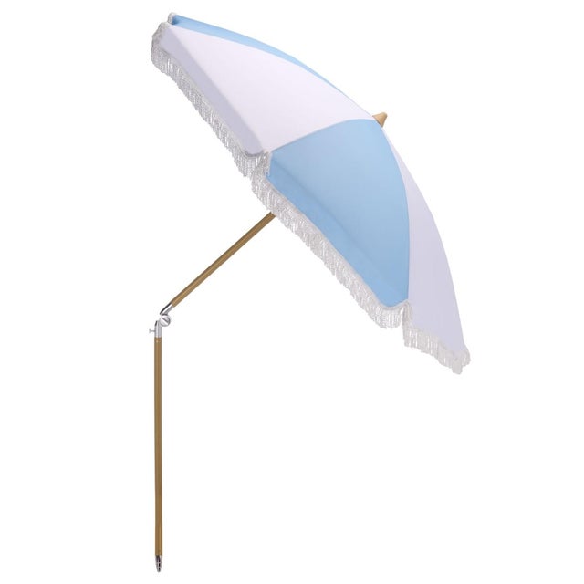 Metal Gallo 6.5 Ft Beach Fringed Umbrella, Baby Blue Cabana Stripe For Sale - Image 7 of 8