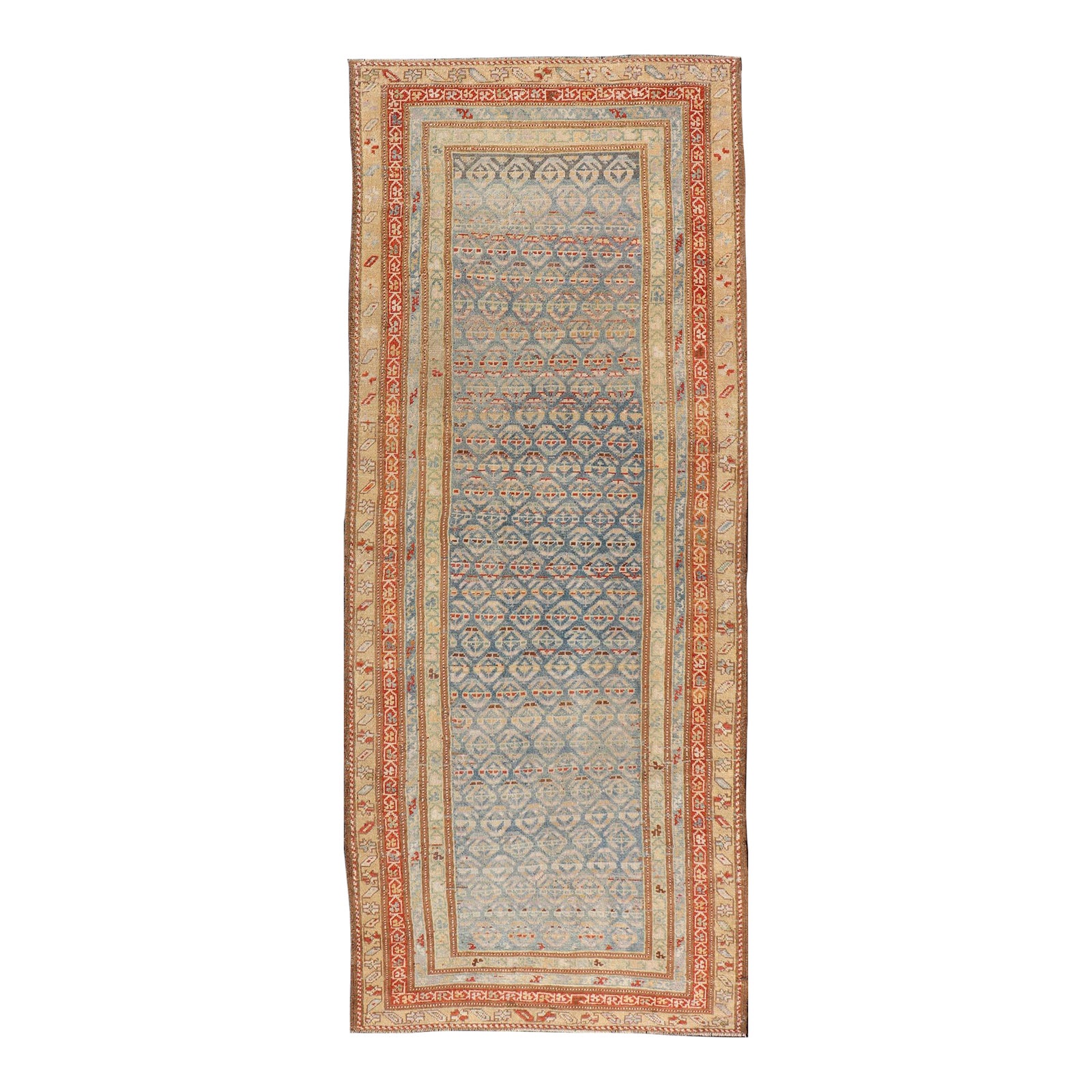Antique Kurdish Runner With Geometric Motifs and Soft Color Palette 3'6 ...
