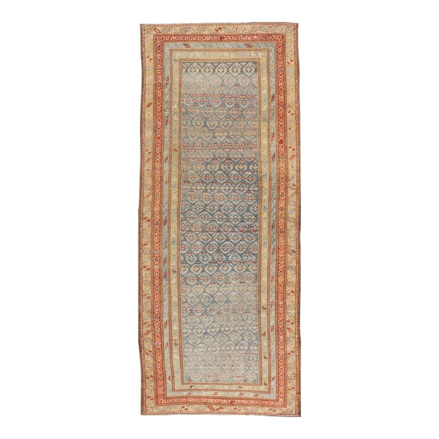 Antique Kurdish Runner With Geometric Motifs and Soft Color Palette 3'6"x10'0" For Sale