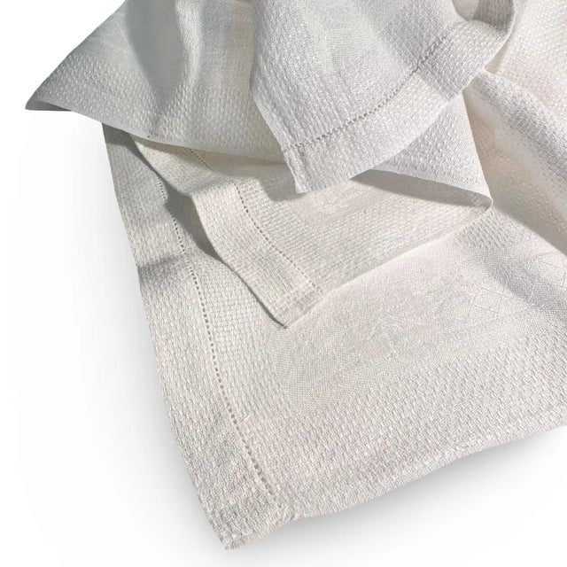 Asian Antique Vintage French Linen Damask Towel with Woven Diamond Motif and Hemstitch Border For Sale - Image 3 of 9