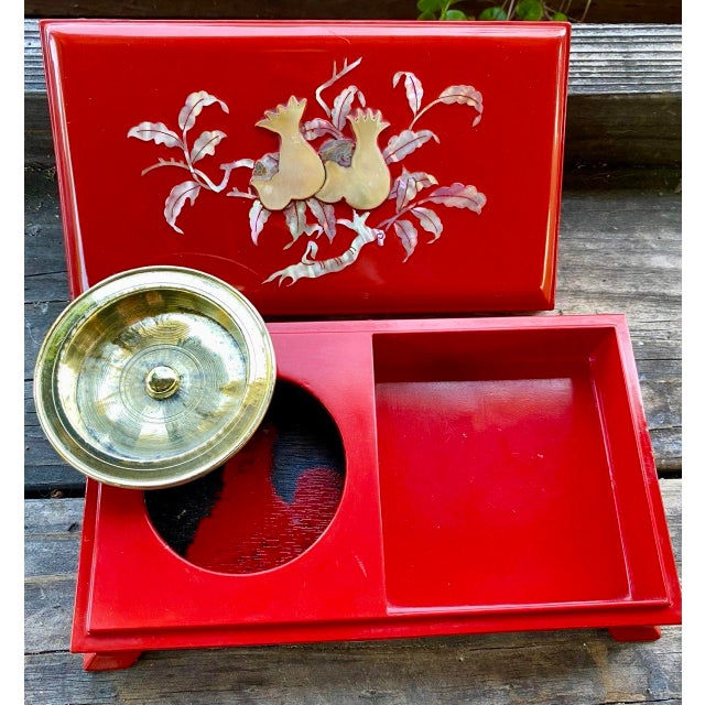 Vintage Japanese Red Lacquer Smoking Box With Mother-of-Pearl Pomegranate Inlay, KBS-Tv Presentation Piece, 1963 For Sale - Image 10 of 12