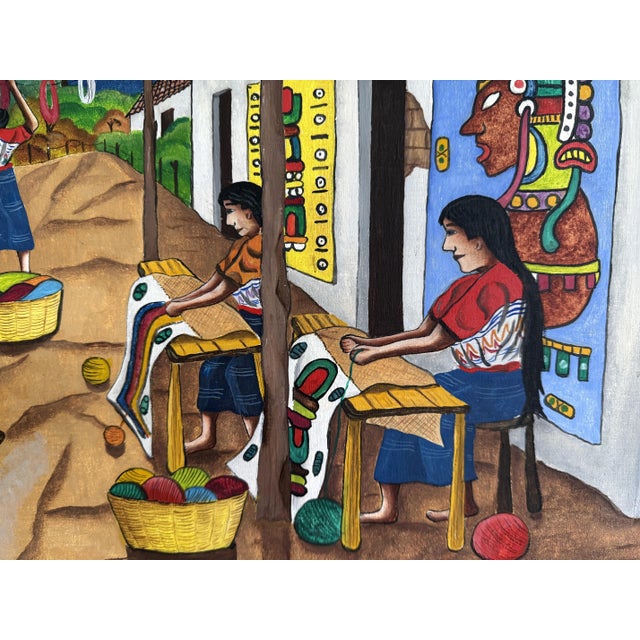 Village Life Mayan Folk Painting by Pablo Noe Salazar Acrylic on Canvas Guatamala 1978 For Sale - Image 6 of 14