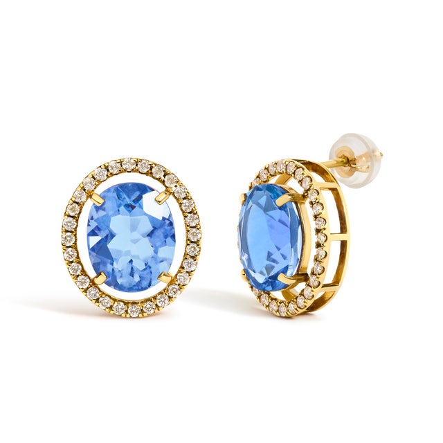 Contemporary 18K Yellow Gold 8X10 MM Blue Fluorite Oval and 1/2 Cttw Diamond Halo Stud Earrings For Sale - Image 3 of 4