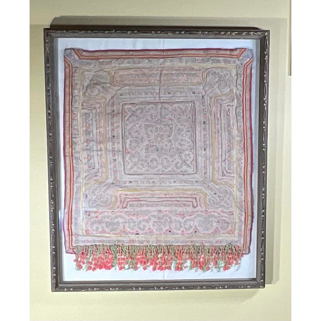 "Antique Hmong Paj Ntaub Story Cloth, Hand-Stitched Textile Art, Framed" For Sale In Miami - Image 6 of 16