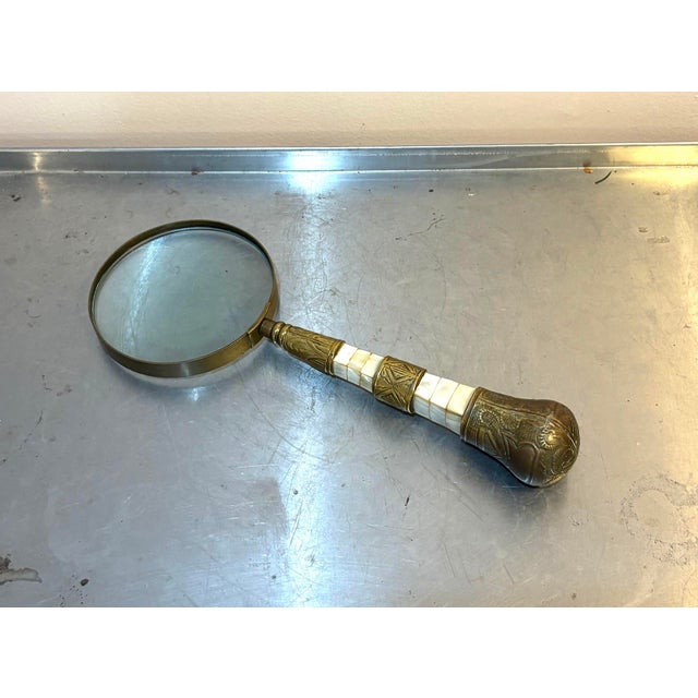 Art Deco Large Brass/Mother-of-Pearl Magnifying Glass For Sale - Image 3 of 5