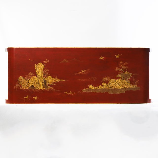 Wood Vintage Chinese Red Lacquer Console Table With Gilt Landscape Scenery and Scroll Ends For Sale - Image 7 of 18