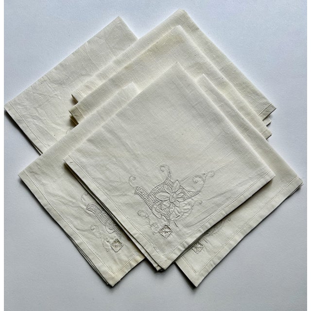 Set of 6 Mid 20th Century Off White Linen & Cotton Dining Napkins With Cut Work For Sale - Image 16 of 16