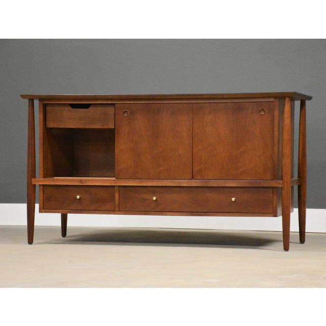 1950s Refinished Walnut 56” Sideboard Credenza by Mt. Airy Finished Back For Sale - Image 4 of 13
