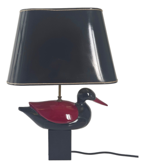 Vintage Italian Duck Table Lamp in Black and Burgundy Lacquered Wood, 1970s