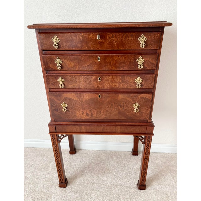 Hickory Chair Vintage James River Plantation Chippendale Style Burl Wood Mahogany Silverware Chest For Sale - Image 15 of 15