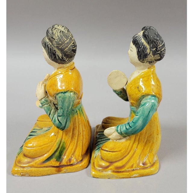 Vintage Chinese Glazed Pottery Seated Female Musicians Figurines Statues For Sale - Image 4 of 8