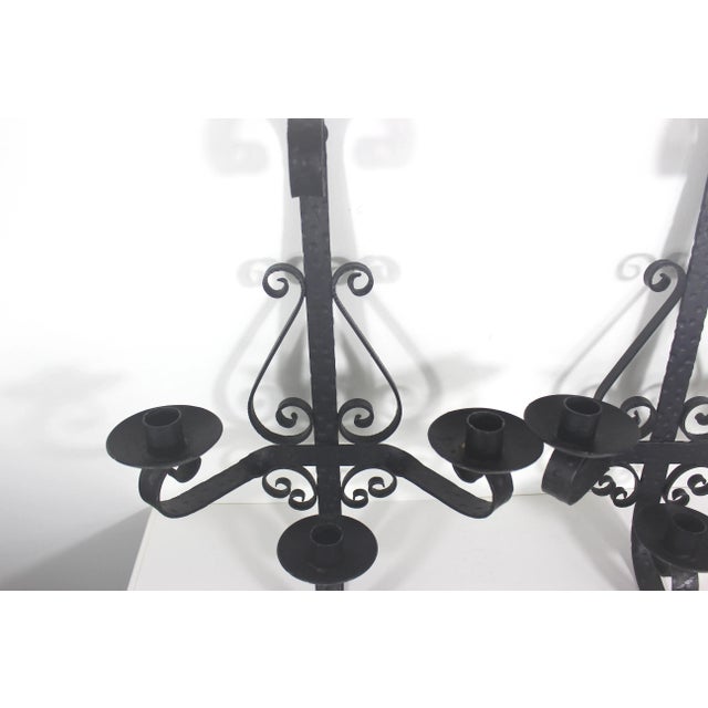 Black Vintage Spanish Hammered Wrought Iron Candle Sconces- A Pair For Sale - Image 8 of 10