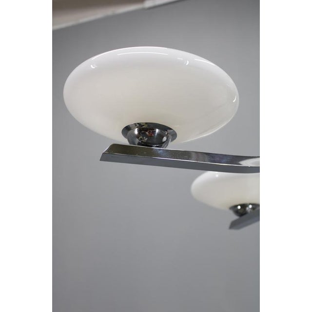 Art Deco Chrome and Walnut Chandelier with Milky Glass Shades, Former Czechoslovakia, 1930s For Sale - Image 10 of 15
