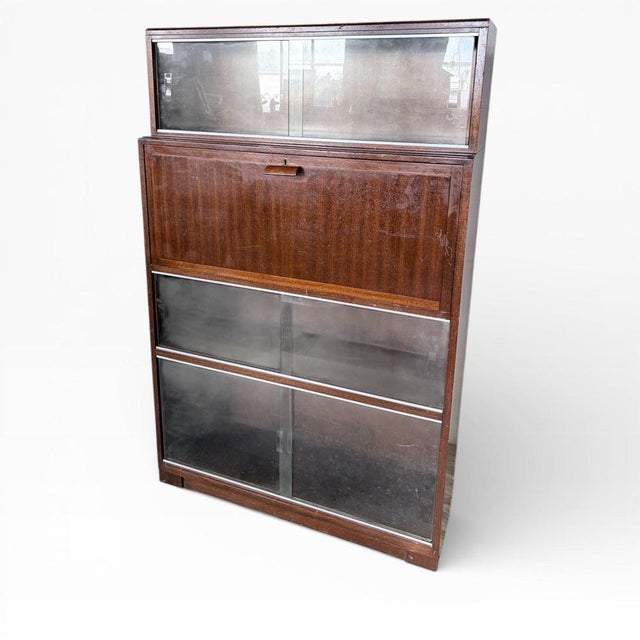 Contemporary Mid-Century Stacking Bookcase with Drop Front Bureau and Glass Sliding Doors For Sale - Image 3 of 7