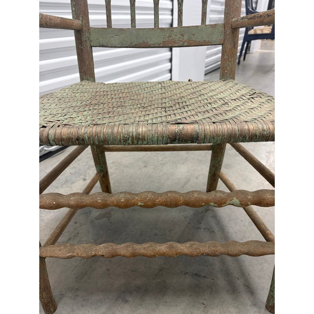 Textile Vintage American Primitive Distressed Green Spindle-Back Rush-Seat Armchair For Sale - Image 7 of 7