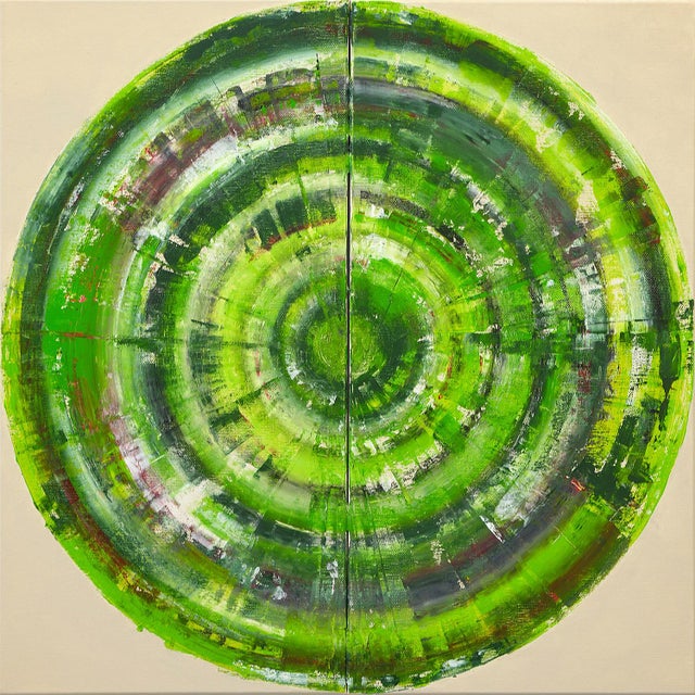 Green Circle Diptych Ii, Contemporary Painting on Canvas For Sale