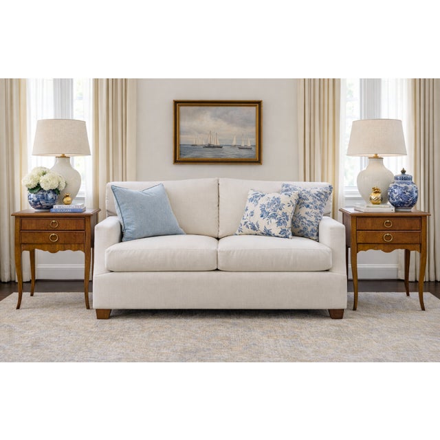 Heritage Late 20th Century Pair of Heritage Neoclassical Walnut Side Tables With Brass Ring Pulls and Finished Backs For Sale - Image 4 of 5