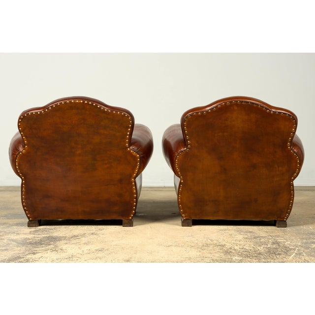 1940s French Art Deco Cognac Leather Club Chairs, Pair For Sale - Image 14 of 18