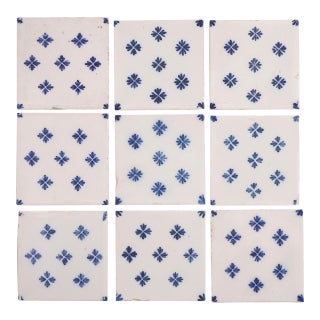 Set of 9 Delft Tiles in Cobalt Pattern of Florets, C. 1700’s For Sale