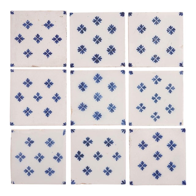 Set of 9 Delft Tiles in Cobalt Pattern of Florets, C. 1700’s For Sale