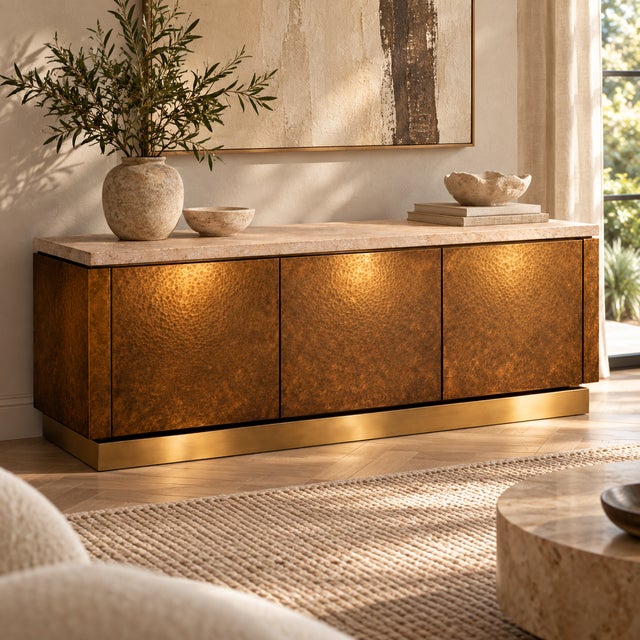 Hand-Hammered Brass Sideboard with Travertine Top from Justfurnituress SRL For Sale - Image 10 of 11