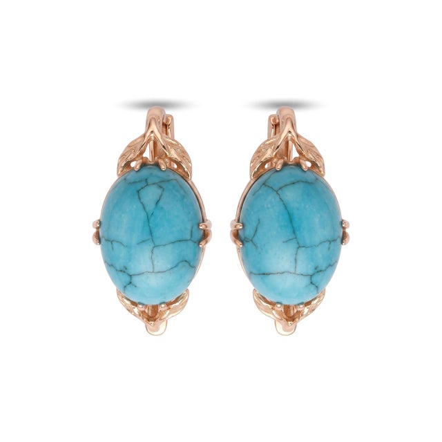 Metal Vintage 14kt Yellow Gold Natural Turquoise Cabochon Earrings, Pair For Sale - Image 7 of 9