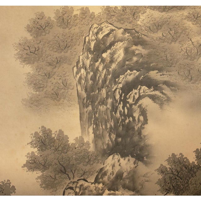 Dove Gray C. 1920 Taisho Era Japanese Silk Scroll Ink Landscape Painting For Sale - Image 8 of 18