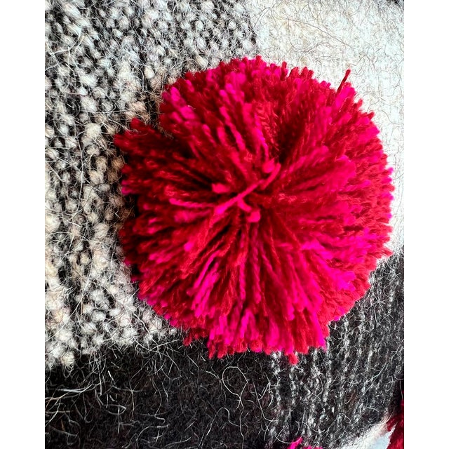 Chamula Gray White & Black Checkered Red PomPom Throw Pillow Handmade 100% Wool For Sale - Image 4 of 4