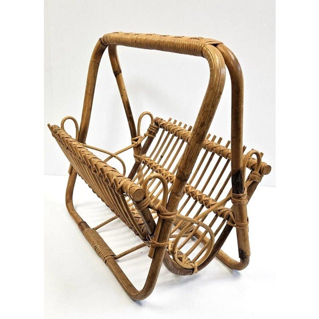 Vintage MCM Rattan Wicker 19" Magazine Rack Stand Franco Albini Style Boho Decor For Sale - Image 4 of 14
