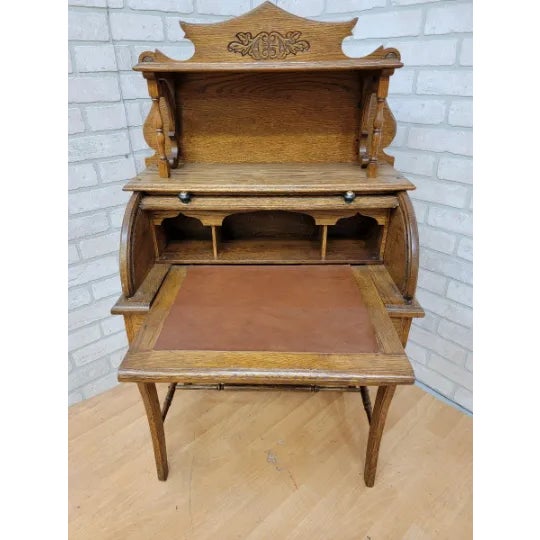Antique Victorian Walnut Cylinder Ladies Writing Desk For Sale - Image 4 of 11