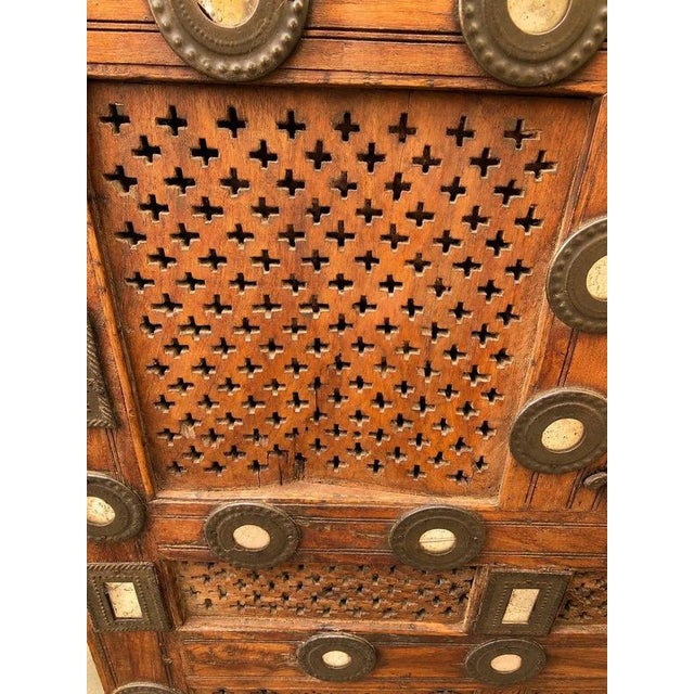 Gold Antique Indian Hand-Carved Wooden Cabinet with Mirror Inlay and Hidden Compartment For Sale - Image 8 of 9