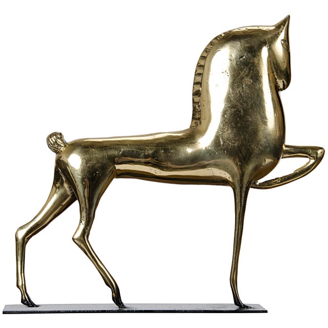 An off-primitive version of a horse, inspired by ancient drawings, in rendered dimensionally in brass. Prancing proudly on...