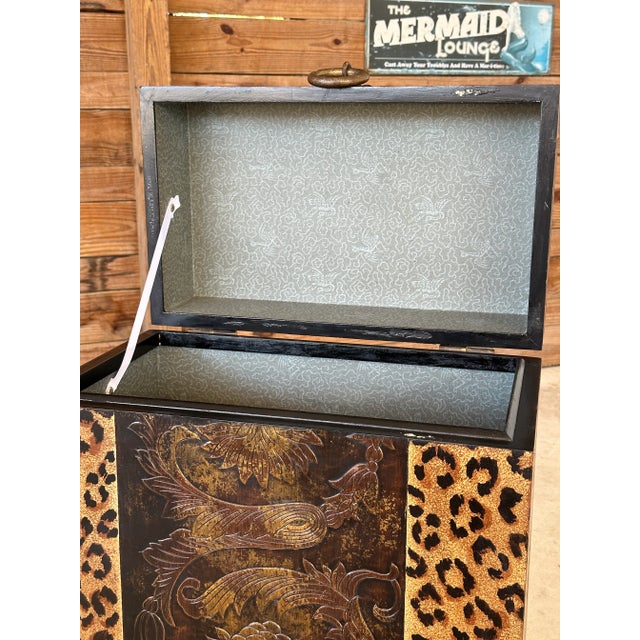 Black 1990s Regency Safari Cheetah Gilt Embossed Metal Claw Feet Trunk For Sale - Image 8 of 12